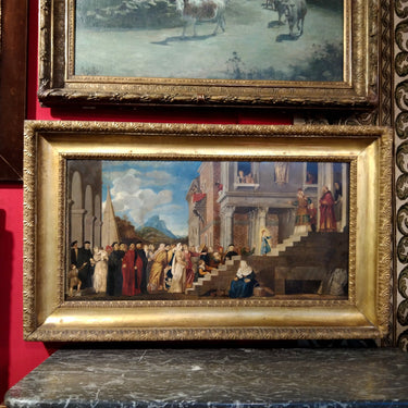 Reproducción El Tiziano - Óleo sobre madera 'La presentación de la virgen en el templo' Escuela italiana 1800. Consignación
